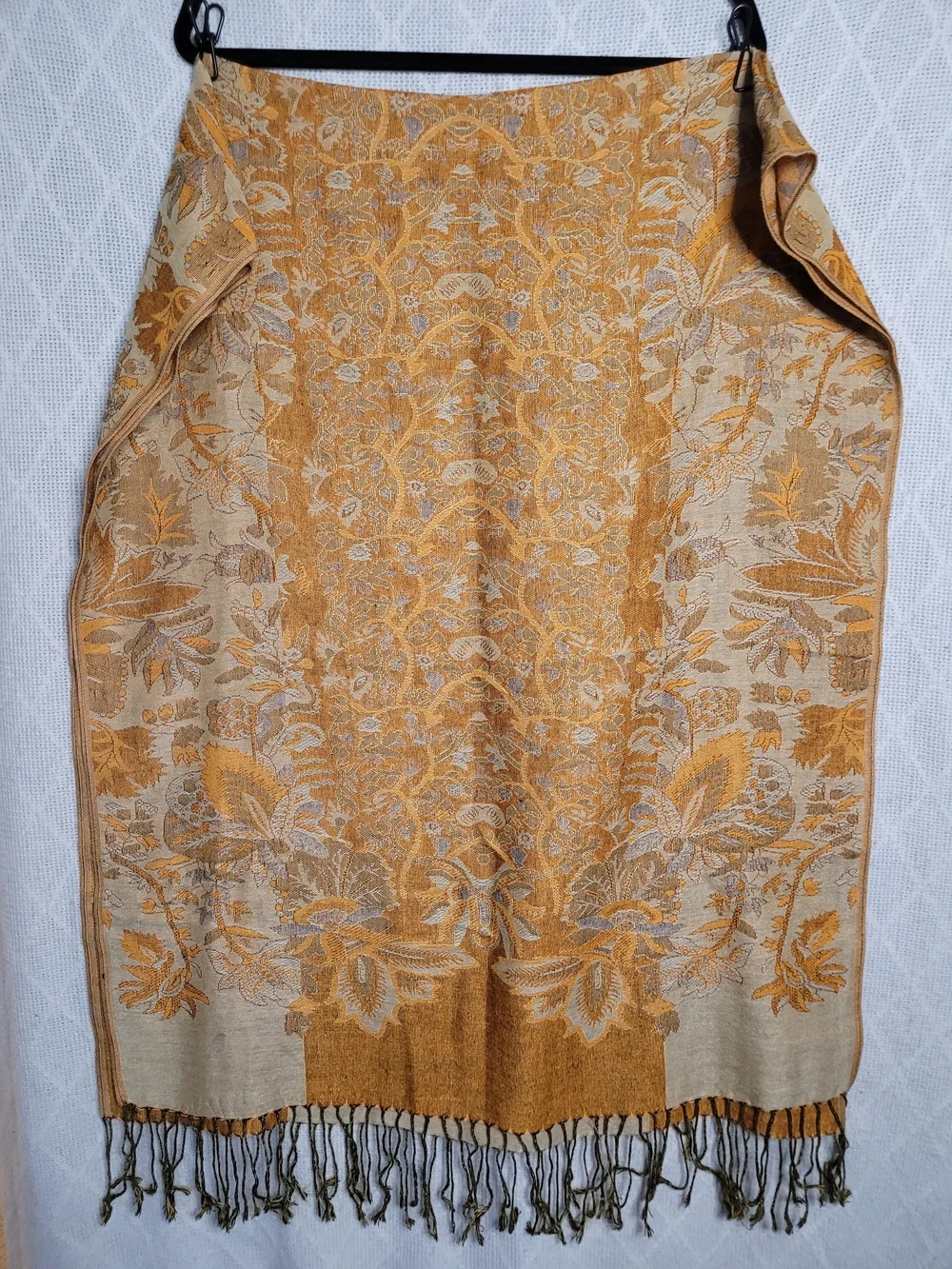 Reversible Ochre Floral Woven Shawl Scarf Fringe Wrap